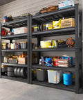Kickass Heavy Duty 5 Tier Metal Storage Shelving Unit With Reinforced Adjustable Steel Racks For Garage Pantry Warehouse Industrial Tool Organization Setup displaying tools and supplies in a garage setting.