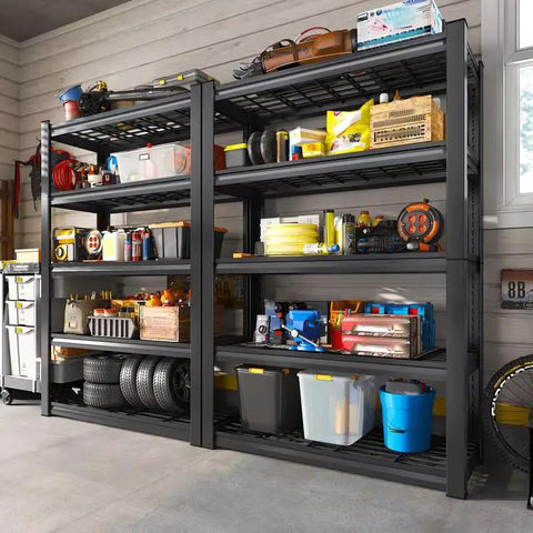 Kickass Heavy Duty 5 Tier Metal Storage Shelving Unit With Reinforced Adjustable Steel Racks For Garage Pantry Warehouse Industrial Tool Organization Setup displaying tools and supplies in a garage setting.