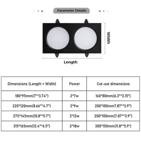 Tashace Led Recessed Ceiling Light Double Head Black Lights for Corridors, dimensions chart and specifications view.