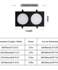 Dimensions chart for LED Spot Lights Square Double Head Recessed Downlight for Living Room in black with details.