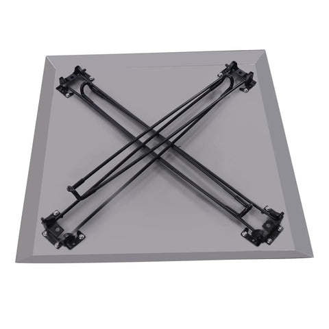 Stainless Steel Fire Pit Heat Deflector Shield With Foldable Design And Easy Handle showing the underside with legs folded.