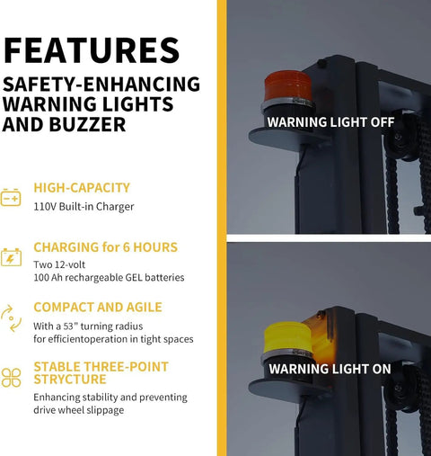 Heavy Duty Electric Pallet Stacker With 3300 Lb Capacity And One Hundred Thirty Inch Lift Height safety features showing warning light on and off.