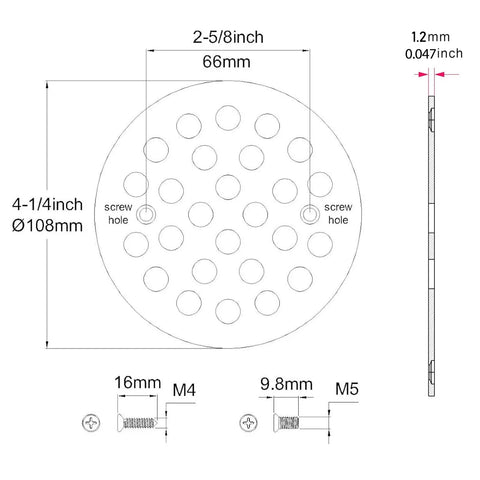 Top Shelf 4.25 Inch Round Shower Drain Cover Forged From Heavy Duty 304 Stainless Steel dimensions and screw hole details.