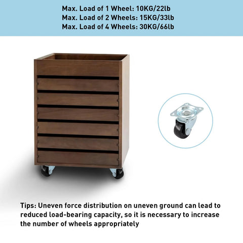 Low Profile 1 Inch Caster Wheels Set 8 Pcs Heavy Duty Rubber Swivel Casters With Bearings And Top Plate 22 Lbs Per Wheel Capacity 360 Degree Swivel For Furniture And Appliances Screws Included installed on a wooden cabinet.