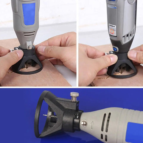 Two Pc Electric Grinding Locator Positioner Black Plastic Holds Bits For Precision Adjustment Plus Rotary Hole Finder With Depth Gauge For Easy Burr Sharpening On Your Dremel Tool Kit Today, demonstrating use on a wood surface.