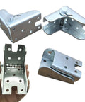 Heavy Duty Folding Table Leg Hinges Dead Nuts Locking Extension Brackets Built Tough For Diy Woodworking Kitchen Tables Space Saving Hidden Metal Hardware Set Of Four Silver close-up of silver steel brackets showcasing spring loaded mechanism.