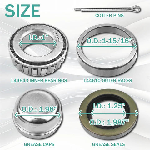 Trailer bearing kit L44643/L44610 for 2000 lb axle; 2 sets with inner bearings, outer races, grease caps and seals.