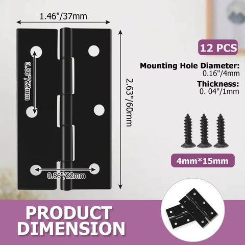 Rock Solid Black Butt Hinges Set of 12 For Interior Doors and Cabinetry dimensions 1.46x2.63 inches with included mounting screws.