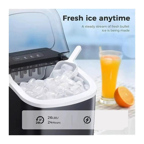 Portable Countertop Ice Maker With No Sweat Self Cleaning generates fresh ice cubes in a black and white design with scoop.