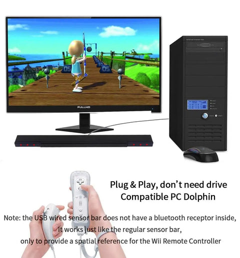USB Wired Infrared Sensor Bar for Nintendo Wii and Wii U with Stand, black; enhances motion tracking in PC Dolphin Emulator for gaming.