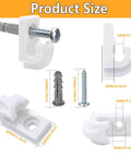 Essential White Down Wall Clips For Wire Shelving, Thirty Pack Plastic Brackets With Screws And Anchors, shown with measurements and mounting options.