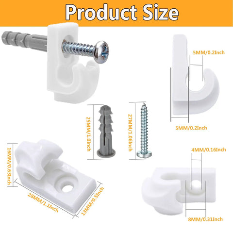 Essential White Down Wall Clips For Wire Shelving, Thirty Pack Plastic Brackets With Screws And Anchors, shown with measurements and mounting options.