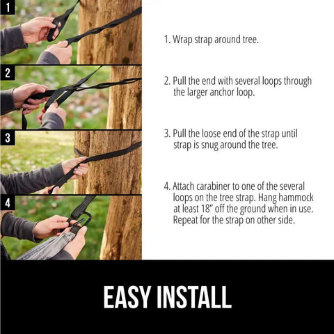Step-by-step instructions for setting up a Durable Camping Hammock Built Tough With Heavy Duty Tree Straps Holds Up To 500 Lbs