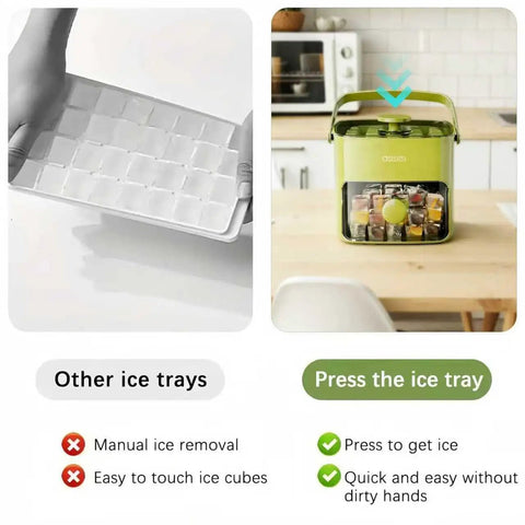 Comparison of manual ice removal vs Compact Ice Cube Tray With Lid And Bin For Freezer, Mini Press Type Ice Maker in use