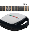 5 in 1 Electric Waffle Maker With Non Stick Coating For Quick Cooking Of Donuts Cake And Panini Presses with interchangeable plates.