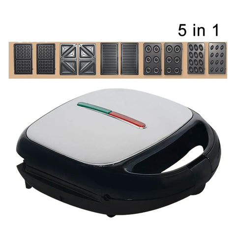 5 in 1 Electric Waffle Maker With Non Stick Coating For Quick Cooking Of Donuts Cake And Panini Presses with interchangeable plates.