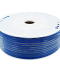 Coiled reel of One Quarter Inch OD PU air tubing, five hundred fifty feet blue hose for air line or water transfer on white background