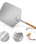Thin Aluminum Pizza Peel With 13 And A Half Inch Wide By 16 Inch Long Surface And 8 Inch Wooden Handle For Indoor Oven And Outdoor Grillin Nonstick Transfer Paddle For Easy Pizza Bread And Pie, shown with close-up details of aluminum head, handle, and rivets.