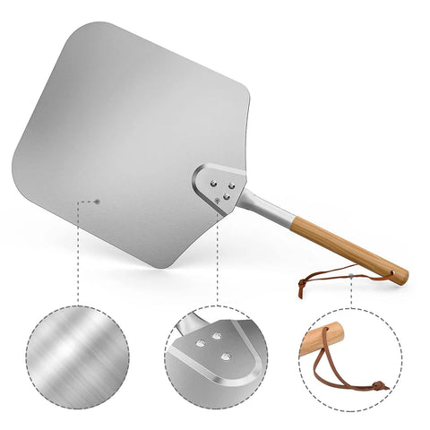 Thin Aluminum Pizza Peel With 13 And A Half Inch Wide By 16 Inch Long Surface And 8 Inch Wooden Handle For Indoor Oven And Outdoor Grillin Nonstick Transfer Paddle For Easy Pizza Bread And Pie, shown with close-up details of aluminum head, handle, and rivets.