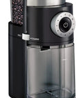 Home Barista Ready Burr Coffee Grinder With 12 Grind Settings And 8 Oz Capacity in Stainless Steel with auto stop feature shown