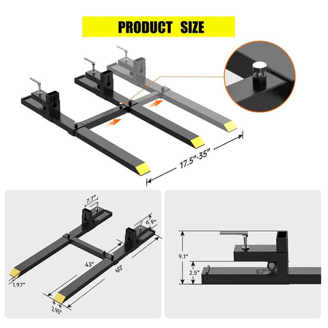 Heavy Duty 60 Inch Pallet Forks With Adjustable Stabilizer Bar 4000 Lb Capacity dimensions showing adjustable length from 17.5" to 35".