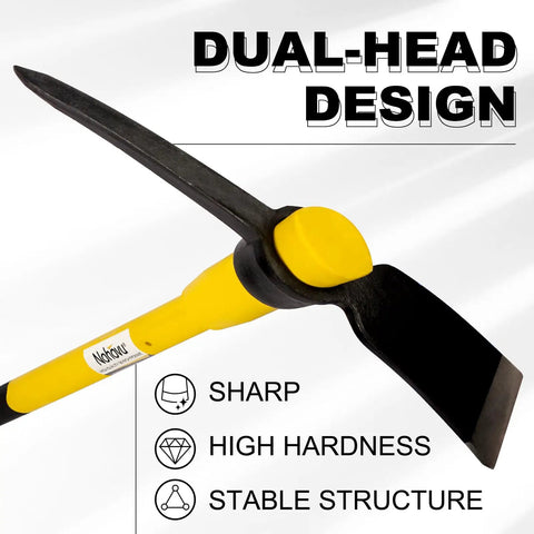 Heavy Duty Forged Steel Pick Axe With Shock Absorbing Fiberglass Handle For Digging And Chiseling In Hard Ground Concrete And Rocky Soil 36 Inch Length For Maximum Leverage And Reduced Vibration 406Y dual-head design