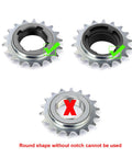 Image showing compatible and incompatible sprockets for the Four Notch BMX Freewheel Remover Tool For Sprocket Pulling On Single Speed Bikes.