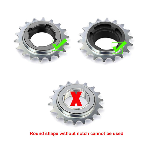 Image showing compatible and incompatible sprockets for the Four Notch BMX Freewheel Remover Tool For Sprocket Pulling On Single Speed Bikes.