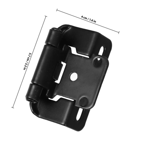 Self Closing Half Inch Semi Concealed Cabinet Hinges, Heavy Duty Steel, shown in black with measurements in centimeters and inches