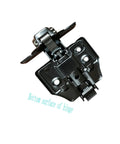 Bottom view of Gun Black Frameless Half Cover Cabinet Hinge 105 Degree Soft Close, highlighting adjustable mechanism.