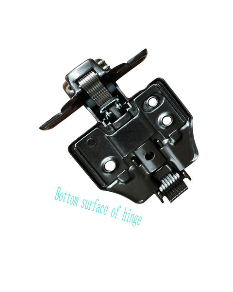 Bottom view of Gun Black Frameless Half Cover Cabinet Hinge 105 Degree Soft Close, highlighting adjustable mechanism.
