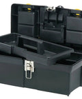 16 Inch Tool Box With Tray Series 2000 Black open showing tray and lid organizers with padlock hole and handle