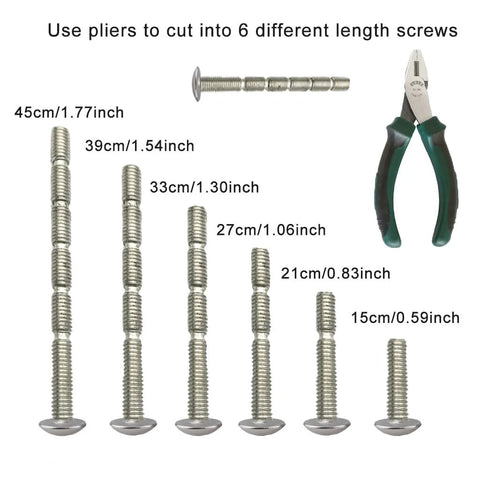 Diagram of pliers and screws showing 6 length options, 45cm to 15cm, for Semicircle Sunflower Cabinet Pulls In Brushed Gold Finish 6 Pack Durable Zinc Alloy Drawer Handles Knobs For Kitchen And Bathroom Cabinets Half Round Design With Screws Finger Edge Pulls 2.5 Inch Hole Center Elegant Warm High Quality.