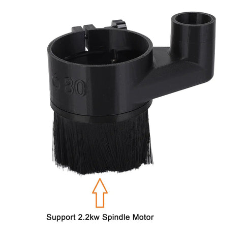 Dust Shoe Cover For 80mm CNC Spindle Up To 2.2kW With Brush Vacuum Attachment, black plastic, side view with support text