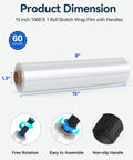 Heavy Duty Stretch Wrap Film 15 Inch 1000 Ft Shrink Pallet Wrap showing dimensions and handles for easy application.