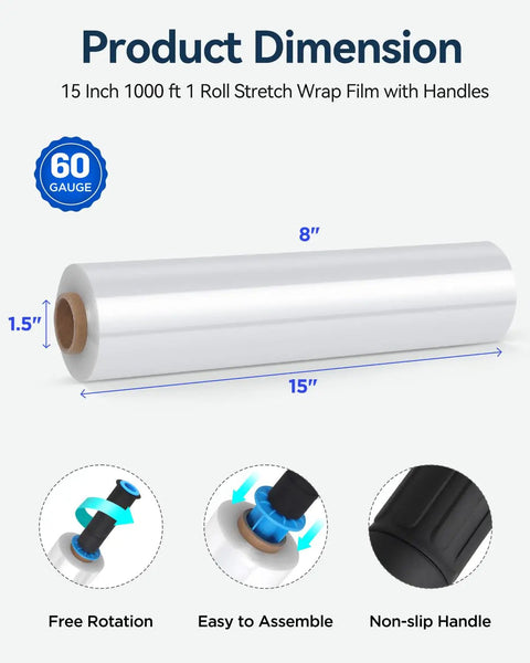 Heavy Duty Stretch Wrap Film 15 Inch 1000 Ft Shrink Pallet Wrap showing dimensions and handles for easy application.
