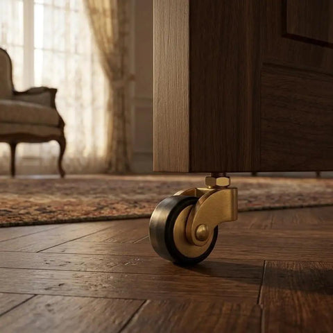 Hella Sturdy Solid Brass Stem Casters With Antique Gold Finish 7MM Slick Swivel Wheels Heavy Duty Rollers under wooden furniture.