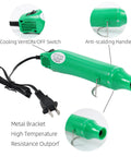 Green 110V 300W hand-held heat gun with non-slip handle, cooling vent, and metal stand, ideal for crafting and DIY projects with cable and power cord