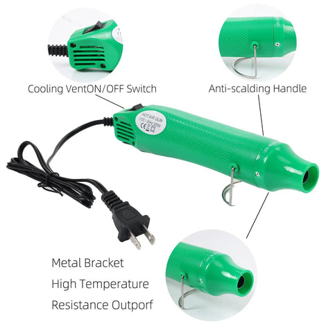 Green 110V 300W hand-held heat gun with non-slip handle, cooling vent, and metal stand, ideal for crafting and DIY projects with cable and power cord