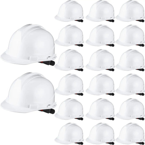 20 Pack Ratchet Adjustable Safety Hard Hats With Cotton Brow Pad ABS Construction 4 Point Suspension White Bulk Helmets For Men And Women On Job Sites Today shown in white with black straps
