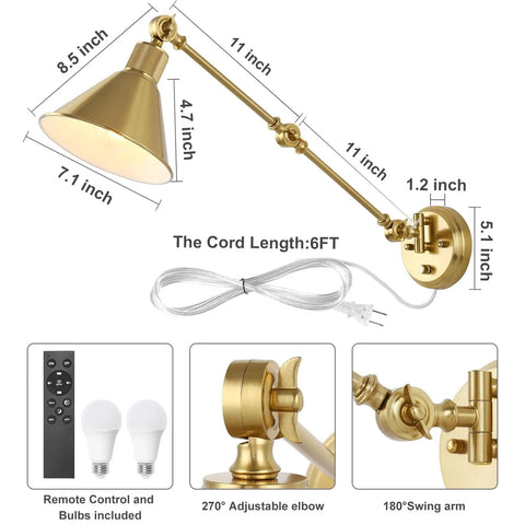 Brushed Brass Plug In Wall Sconce With Remote, Dimmable LED, Swing Arm, Adjustable Color Temperature 2700K To 6500K, UL Listed
