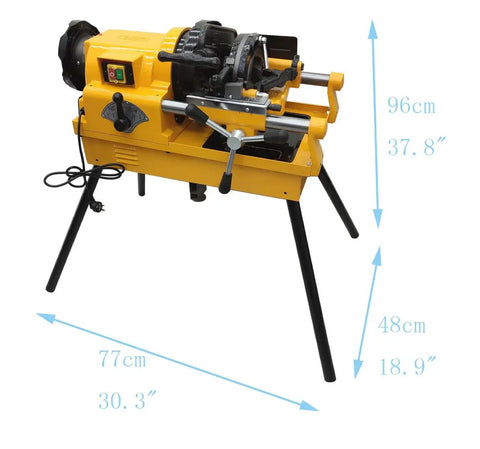Real Deal 220V Electric Pipe Threader Machine 1HP Adjustable Speed Threading Cutter with stand and dimensions shown.