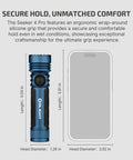 Seeker 4 Pro Rechargeable Flashlight 4600 Lumens With USB C Port IPX8 Waterproof shown next to smartphone for size comparison.