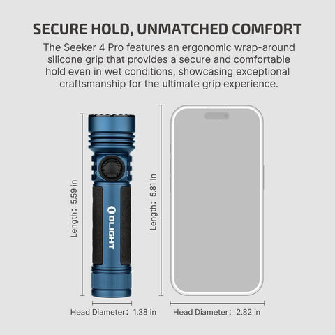 Seeker 4 Pro Rechargeable Flashlight 4600 Lumens With USB C Port IPX8 Waterproof shown next to smartphone for size comparison.