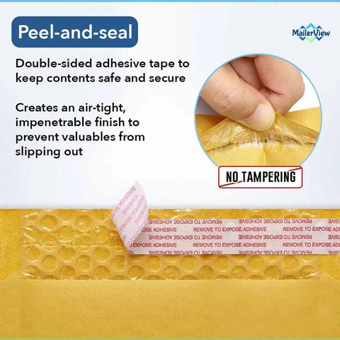 Peel-and-seal feature of 4x8 Inch Bubble Mailers Self Seal Brown Padded Envelopes Beefed Up Thick And Durable Shipping Bags 500 Pack Ideal For Trading Cards And Sports Cards Great For Collectibles And Card Collections, showing no tampering seal.