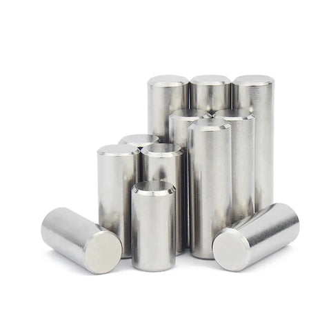 Heavy Duty 304 Stainless Steel Locating Dowel Pins With Round Heads And Chamfered Ends For Precise Machining And Assembly Work That Lasts A Long Time Without Rust stacked in mixed sizes.
