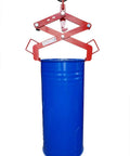 Heavy Duty Vertical Drum Lifter For 30 Gal Steel Hoops Pails Rises 1100 Lbs Safely lifting a blue drum with a red clamp.