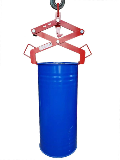 Heavy Duty Vertical Drum Lifter For 30 Gal Steel Hoops Pails Rises 1100 Lbs Safely lifting a blue drum with a red clamp.