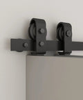 Close-up of sliding hardware kit for 56 In By 84 In Three Panel Shaker Hollow Core Weather Gray Pine Wood Double Bi Fold Door