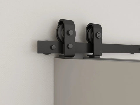 Close-up of sliding hardware kit for 56 In By 84 In Three Panel Shaker Hollow Core Weather Gray Pine Wood Double Bi Fold Door